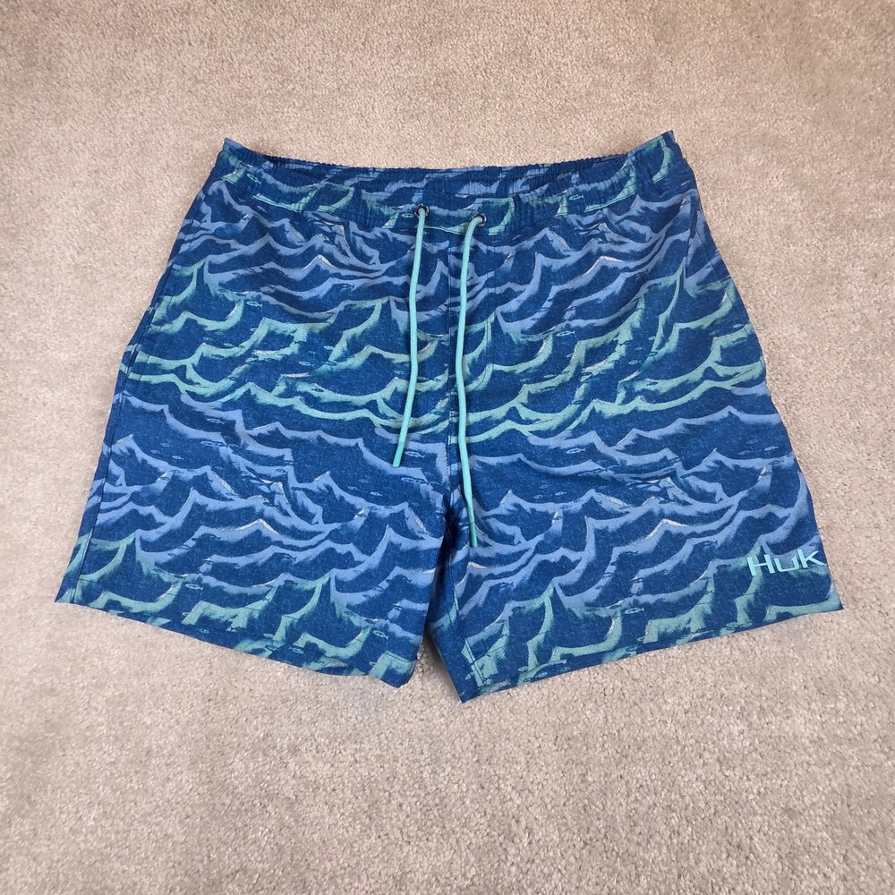 Huk Mens Performance Fishing Blue Wave Print Swim Trunks Size M